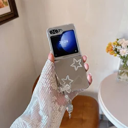Stylish Mirror Cartoon Bear Phone Case with Bracelet and Slim Plating Design for Galaxy Zflip5 (Three Star)