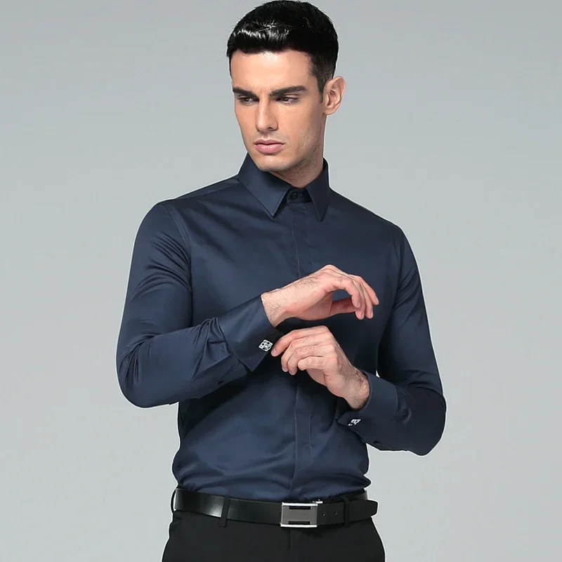 

High Quality 2024 Brands New Regular Fit Shirts for Men Business Long Sleeve Cufflink Cotton Solid Color Camisas De Hombre