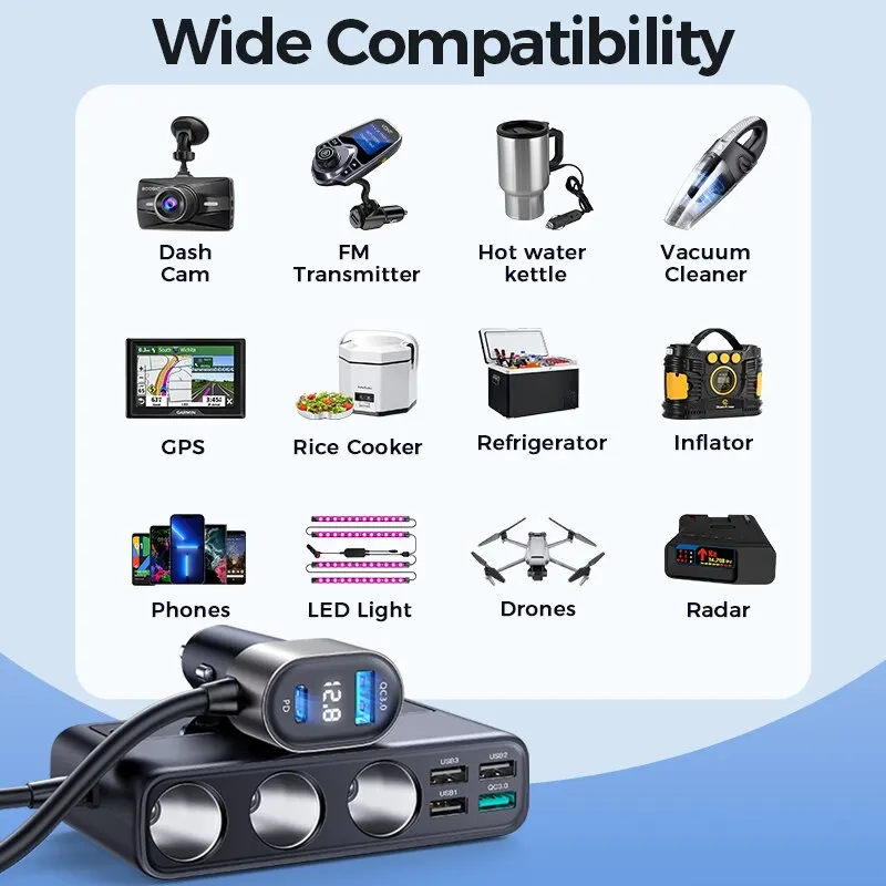 Car Charger Joyroom 154W 9 in 1 PD 3 Socket Cigarette Lighter Splitter Charge Independent Switches DC Cigarette Outlet