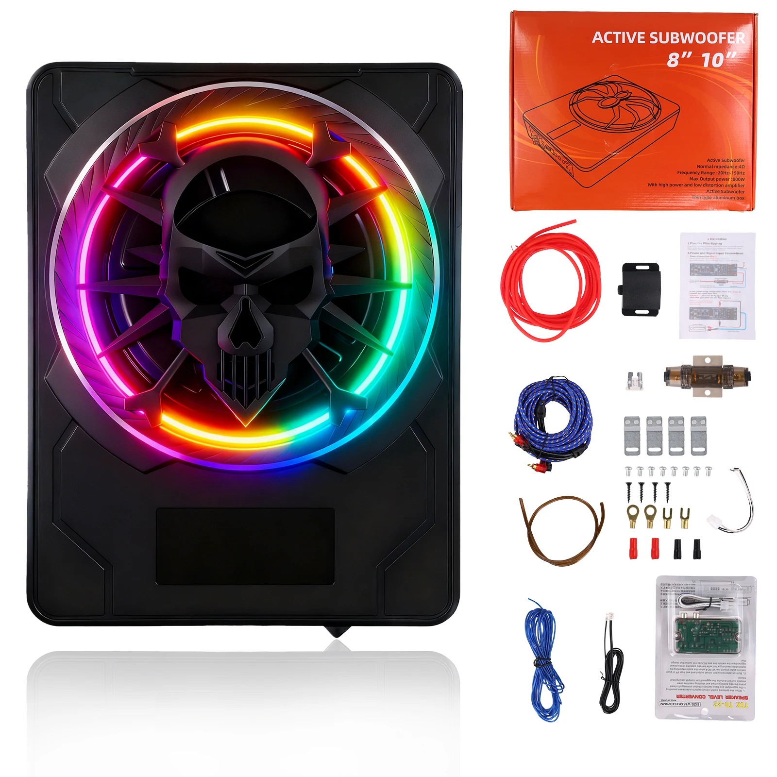 Podofo 1 Stück 10 Zoll 1200W Schlanker Auto-Subwoofer Unter dem Sitz mit Farbiger LED-Ambientebeleuchtung Eingebauter Verstärker – Detail 8