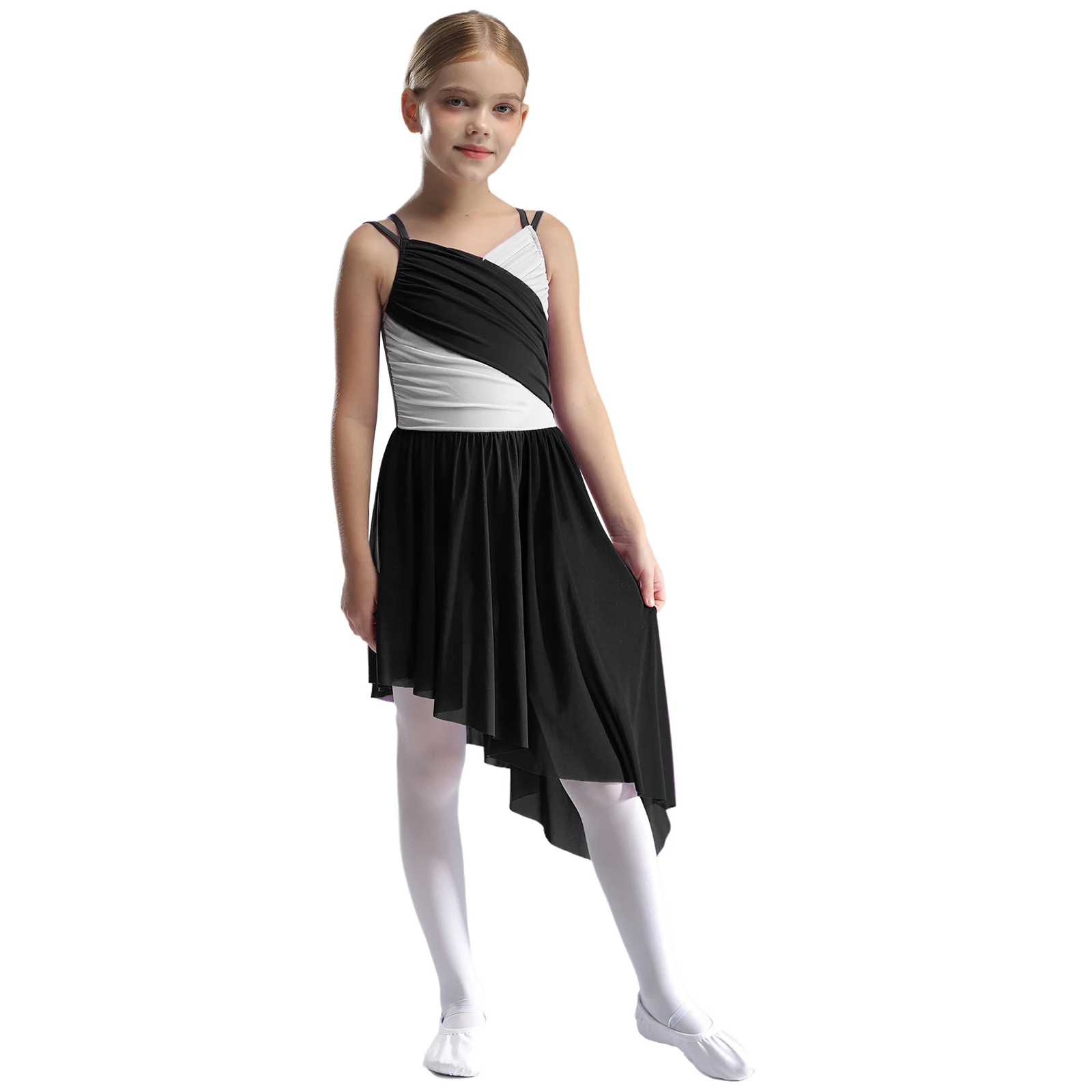 Kinder Mädchen Lyrical Dance Kleid Ballett Skating Gymnastic Performance Kostüm Kontrast Farbe Mesh Asymmetrische Saum Trikot Kleider – Detail 25