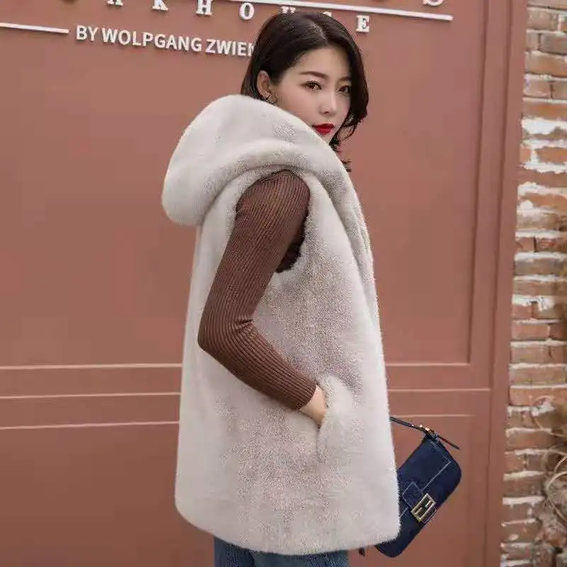 

New Fur Hooded Coat Long Sleeve Women Casual Loose Knitted Faux Jacket with Hood Female Natural Outwear for V148