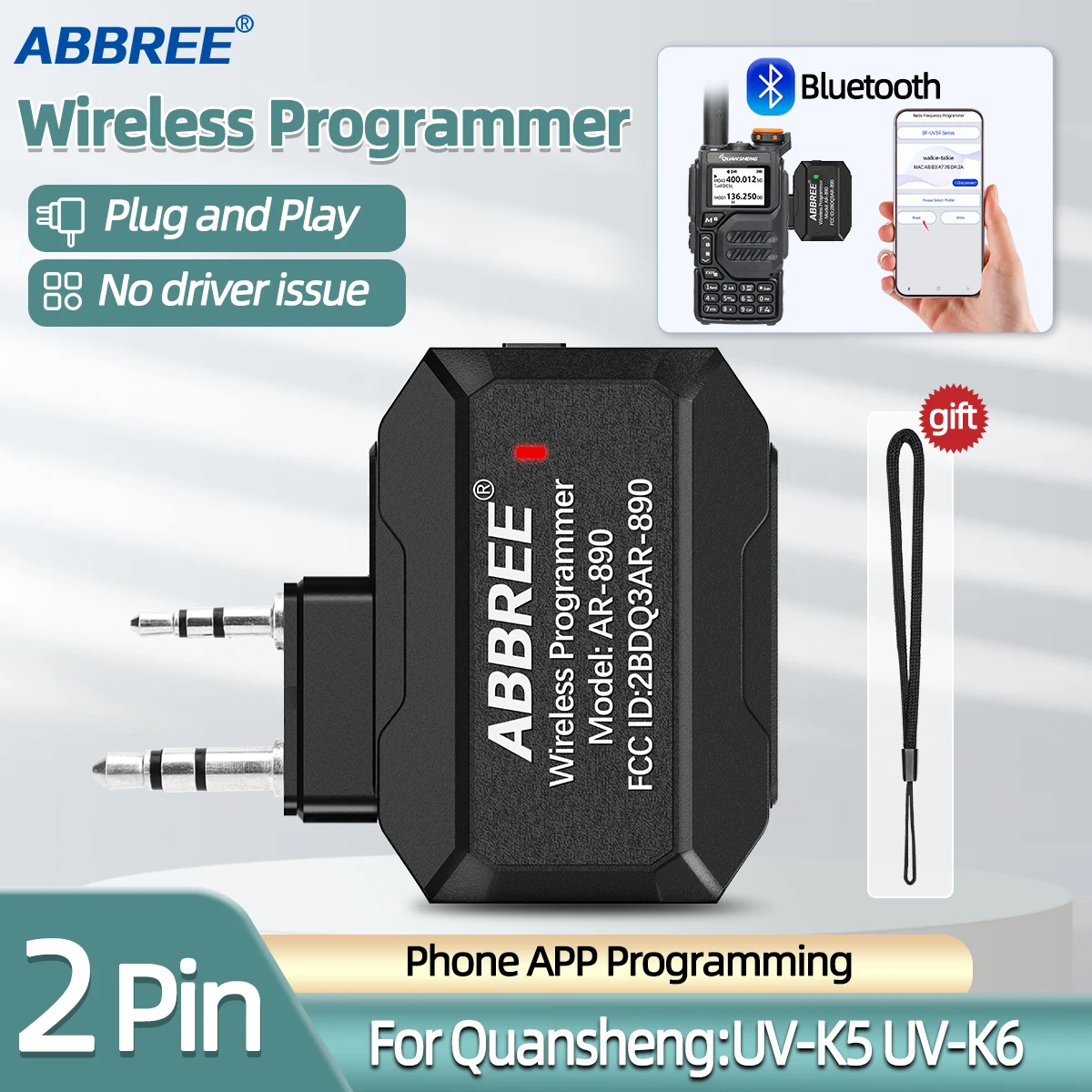 ABBREE programmeur sans fil Bluetooth pour talkie-walkie Plug & Play aucun numéro de pilote téléphone pour UV5R BF888S Quansheng UVK5