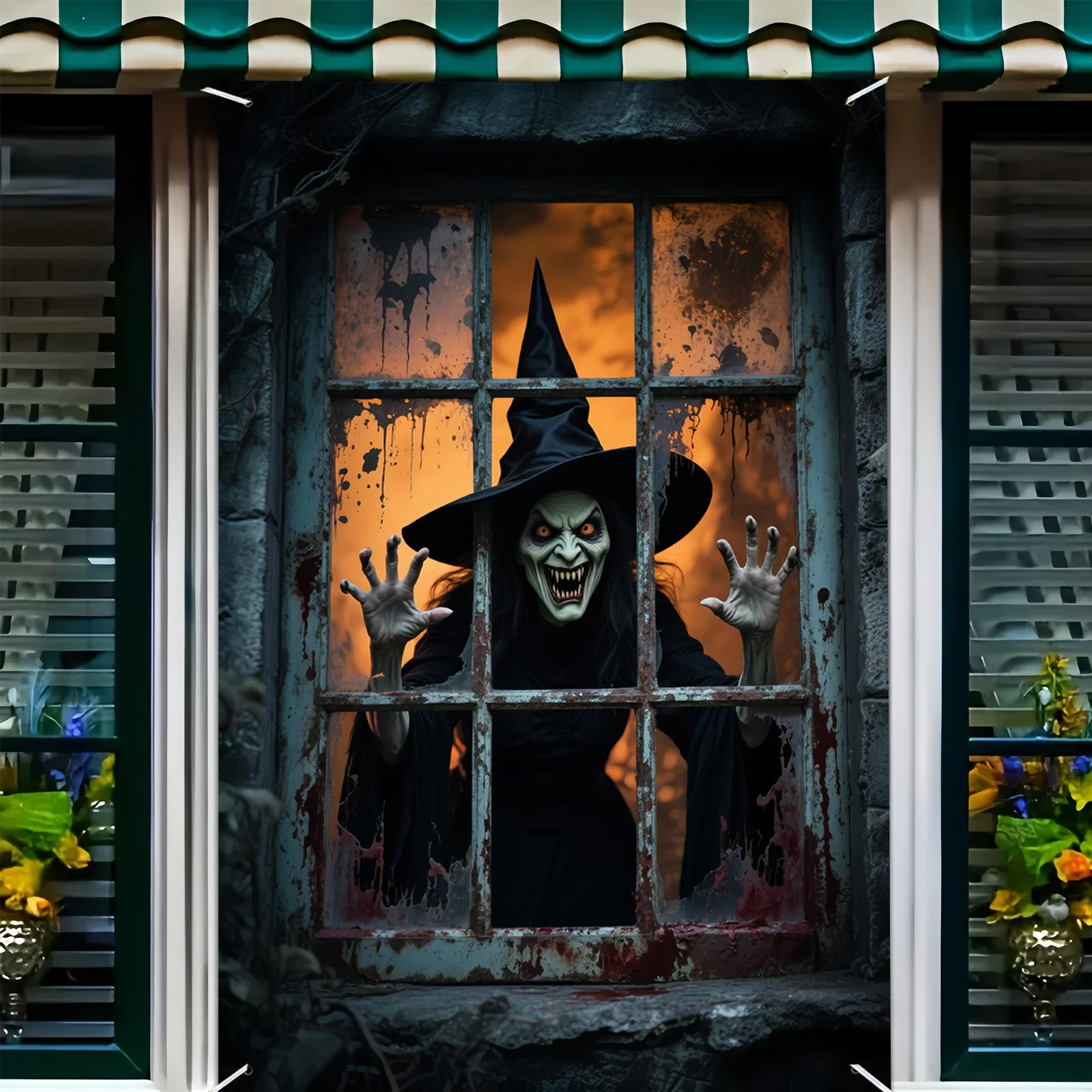 1-Halloween-Party-Banner – Strapazierfähige Innen- und Außendekoration aus Polyester, entworfen von der erschreckenden Hexe für Halloween
