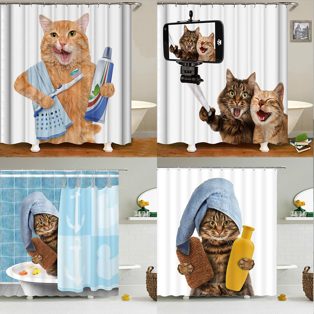 

Cute Cat Animal Waterproof Polyester Shower Curtain with Hooks For Bathtub Bathroom Screens Home Decor Large Size Wall Cloth
