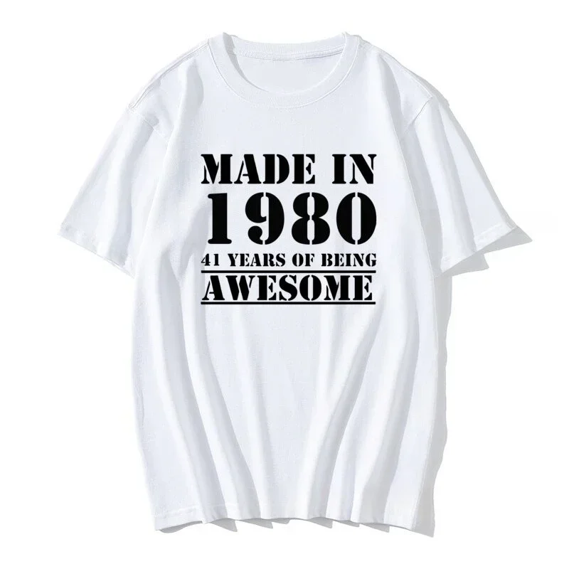Funny Made in 1980 41 Years of Being Awesome Birthday Print T-Shirt Women Men Clothing Men Slim Fit Fashionable Tops Shirt