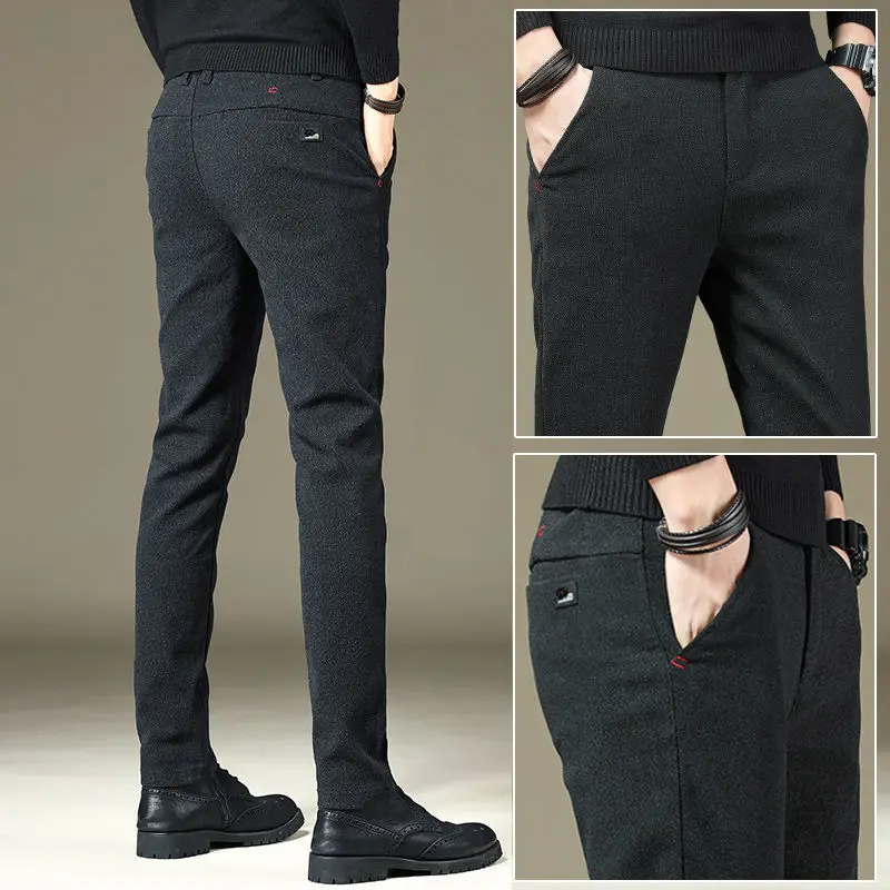 남성용 캐주얼 플리스 정장 바지, 스트리트웨어 패션, 비즈니스 다용도 두꺼운 단색, 헐렁한 스트레이트 바지, 가을 겨울 신상