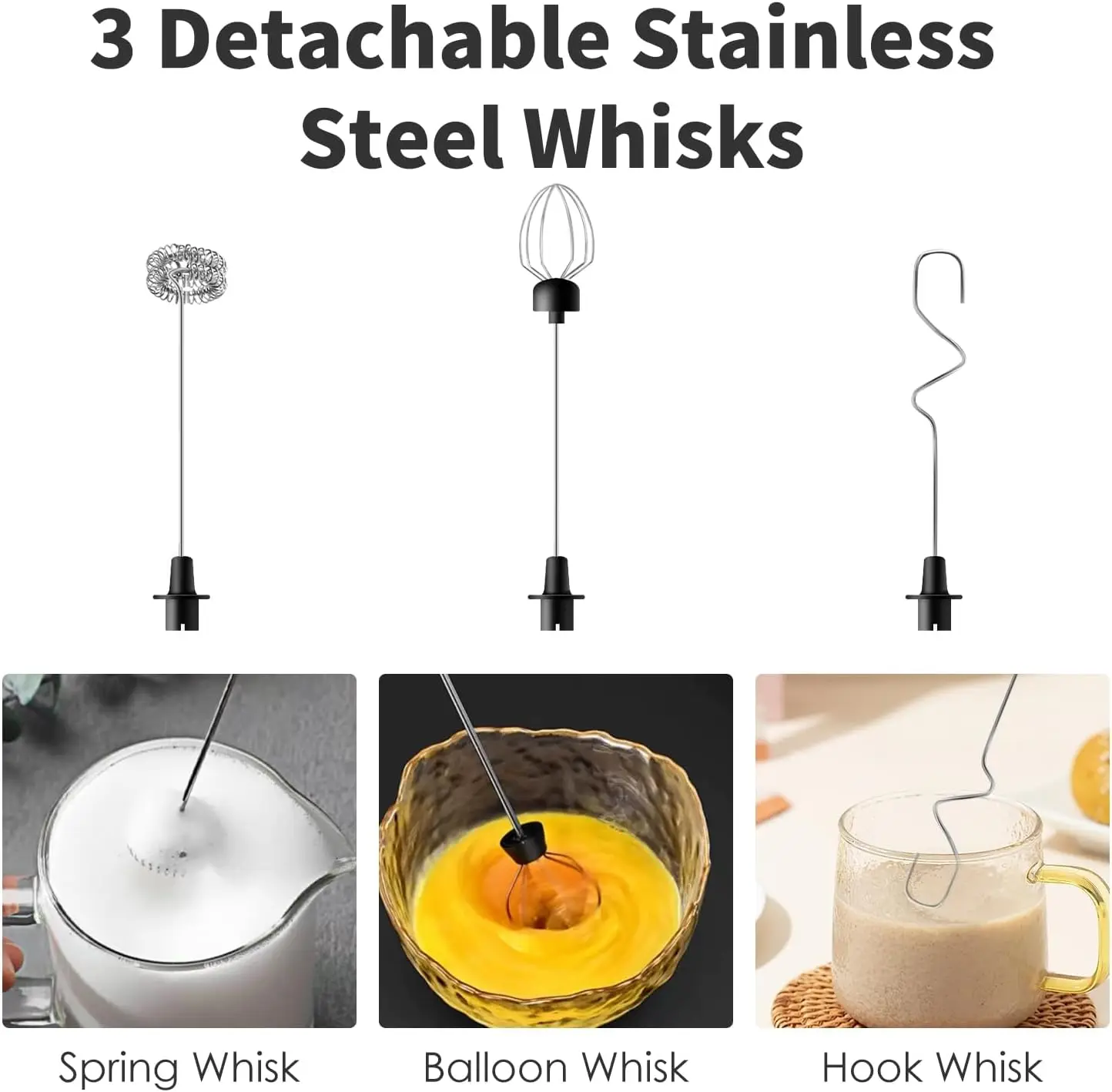 Rechargeable Milk Frother Handheld with 3 Detachable Stainless Steel Whisks, 3 Speed Adjustable Electric Whisk Foam Maker, 5