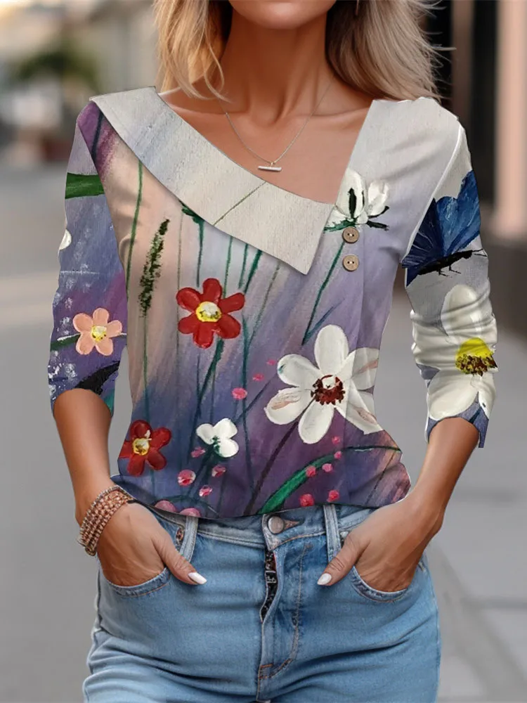 

T Shirt Clothes For Women Color Butterfly Printed Skew Collar Ladies T Shirts Fashion Elegant Trendy Y2k Tops Tees Spring Autumn