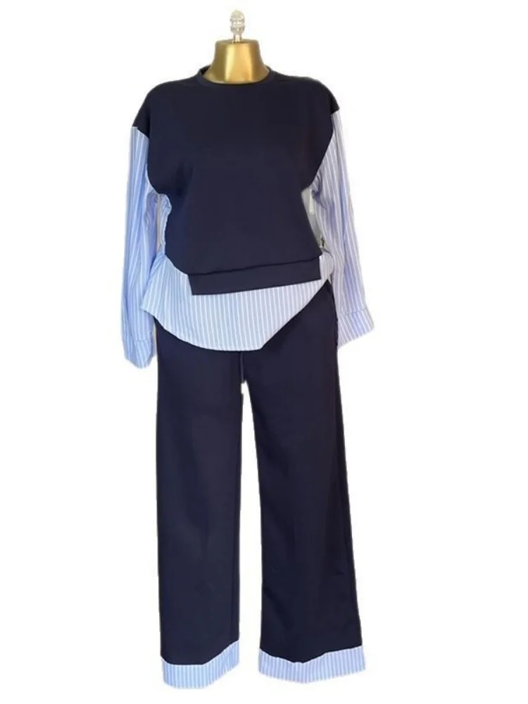 Wmstar Two Piece Set Women Wholesale Woman 2025 Summer New Fashion Round Neck Striped Top High Waisted Trousers Casual Suit