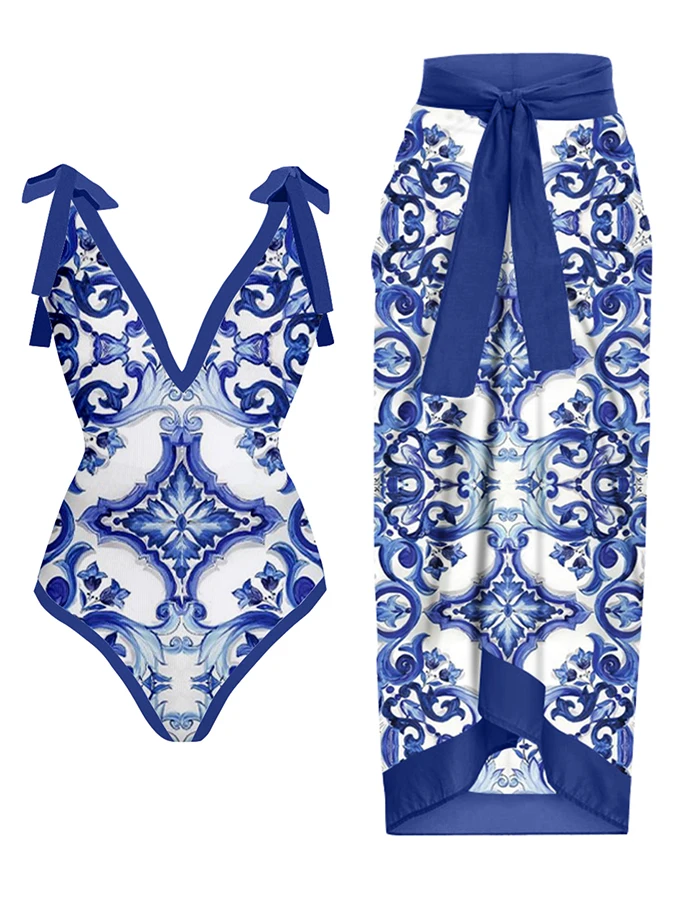 

Vintage Blue Printed V-Neck Sexy Slim Gathering Bikini Set Elegant Bow Strap Swimsuit Backless High Waist One-Piece Beachwear