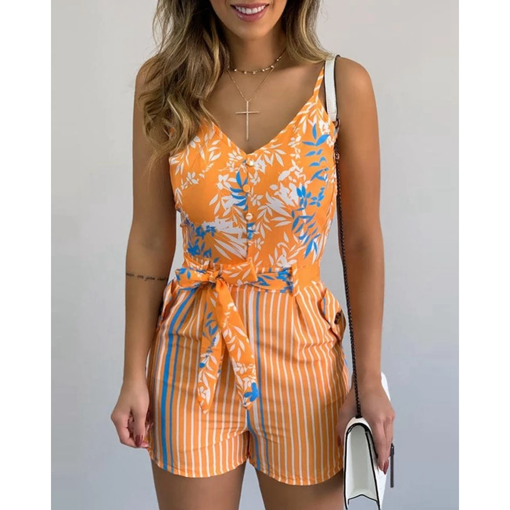 2024 Summer Women Floral Print V-neck Spaghetti Strap Romper with Belt Casual 2 Pieces Vacation Sexy Woman Summer Outfits