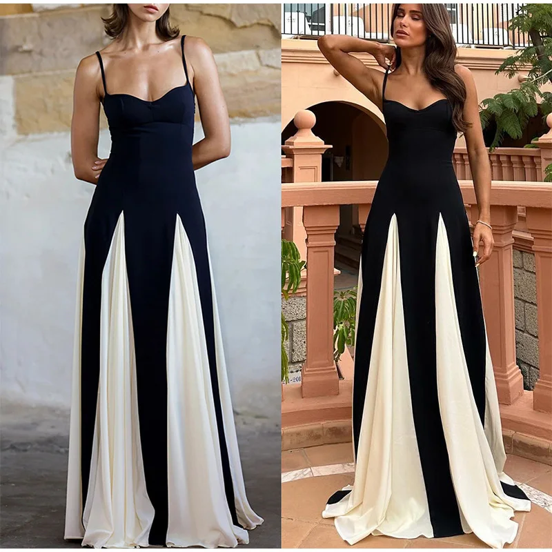 Fashion Patchwork Strap Maxi Dress Women Sexy Sleeveless Backless Female Sling Dresses Summer New Party Lady Robe