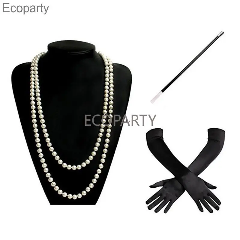 

New 1920s Charleston Flapper Girl Costume Set Fancy Dress Imitation Pearl Bead Necklace Long Black Gloves Cigarette Holder Party