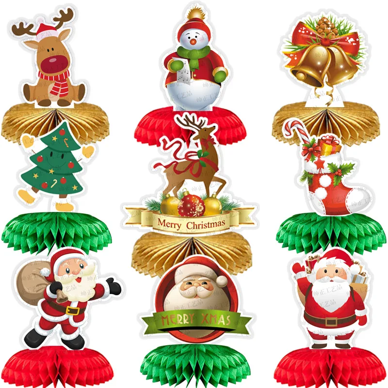 

9pcs Christmas Honeycomb Centerpiece Xmas Snowman Santa Claus Elk Honeycomb Ball DIY New Year Party Table Ornament Booth Props