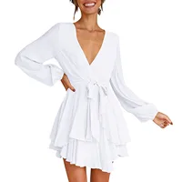 Ladies’ High Waist Irregular Skirt Hem Sexy Solid Color Commute Long Sleeve Deep V-neck Casual Elegant Fashion Mini Dress - Image 4