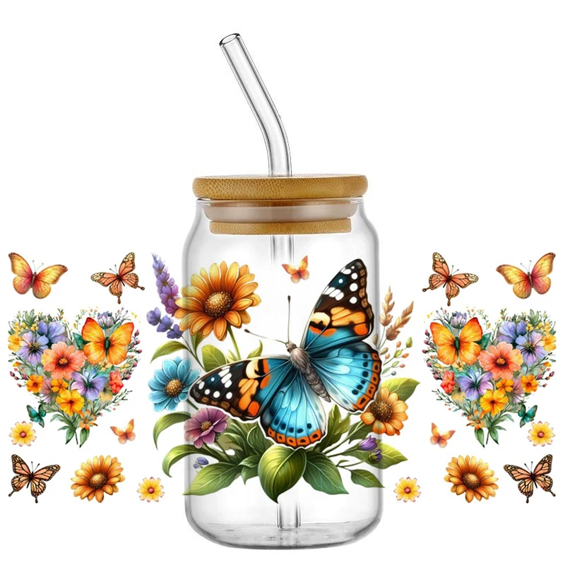 Butterfly flowers Washable Cup Transfer Sticker for 16oz Libbey Glasses DIY Waterproof UV DTF Cup Wrap