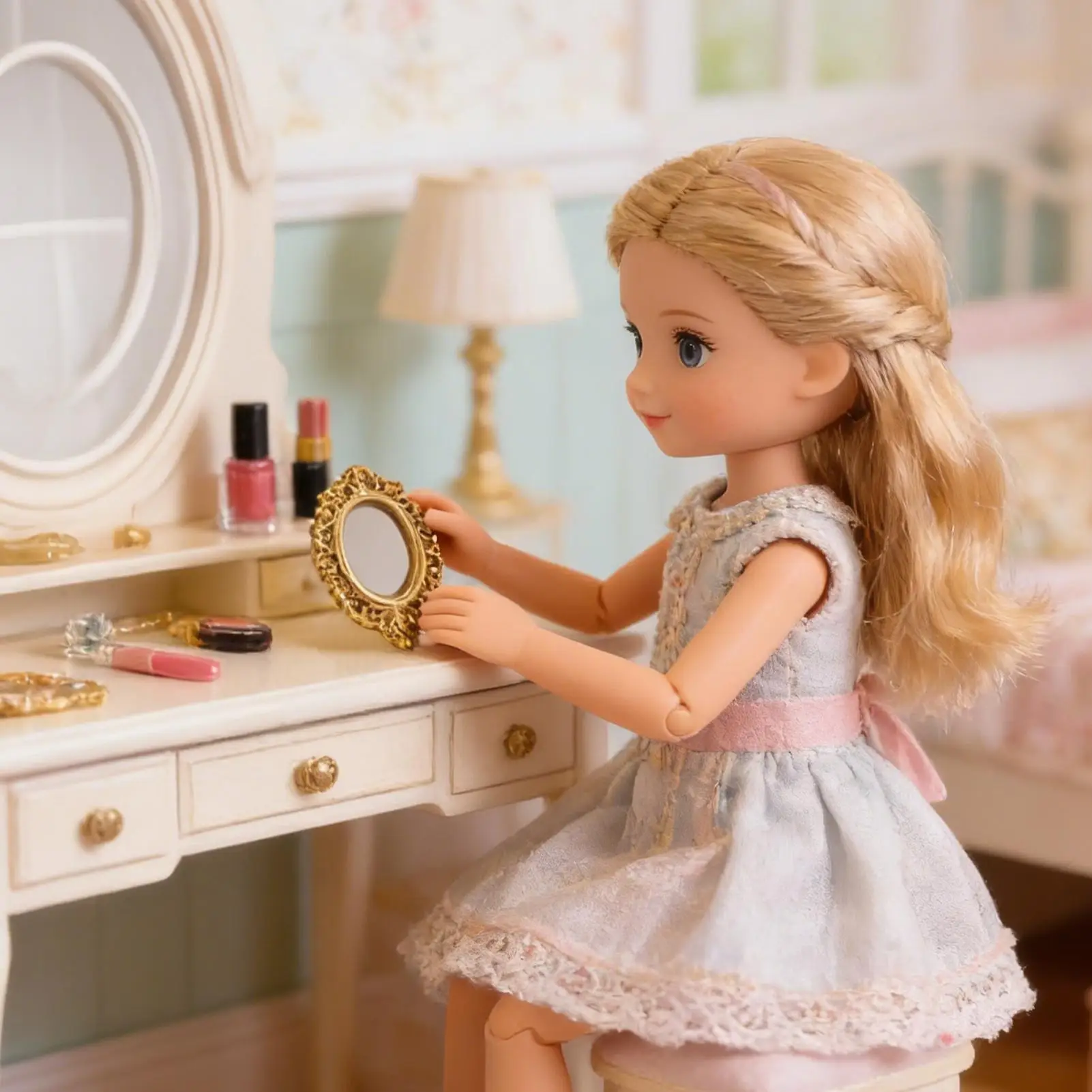 골든 프레임 인형의 집 드레싱 거울 인형 액세서리 원형 거울 빈티지 우아한 작은 거울 벽 장식 미니 가구 장난감