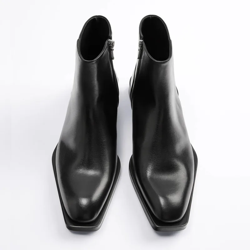 

Handmade Black Polygonal sole Cow Leather Ankle Boots genuine Cowhide Chelsea Zipper men's Booties