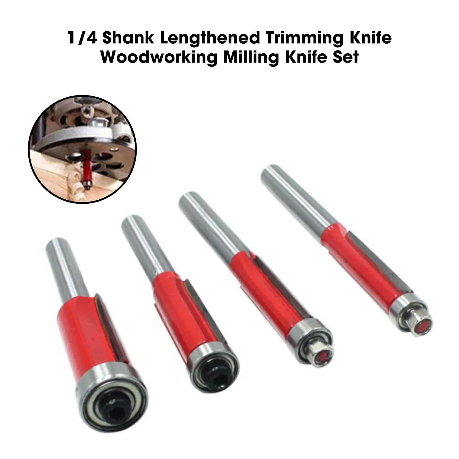

Woodworking Tool End Mill, Lengthened Trimming Cutters with Bearing, 1/4 "Shank, Flush Trim Router Bits for Wood End Mill, 4 PCs