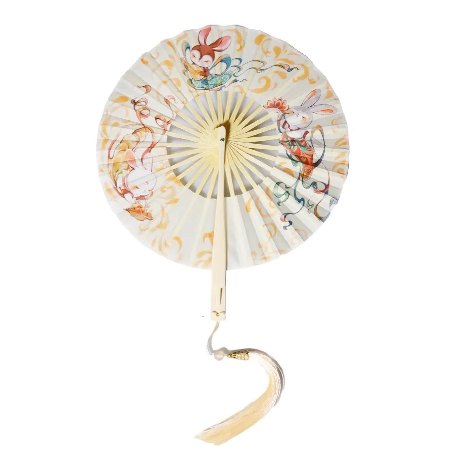 Chinese Folding Hand Fan Traditional Bamboo Round Fan for Women Portable Clutch Cooling Fan Hanfu Qipao Summer Accessory