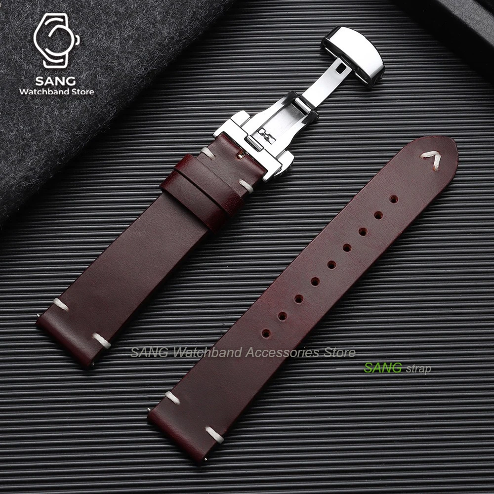 Vintage Cowhide Leather Watch Band with Butterfly Buckle - Quick Release Strap in Brown and Black