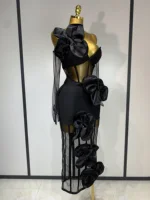 Women Sexy One Shoulder Bow Mesh See Through Bandage Bodycon Dress With Gloves Black Sleeveless Elegant Party Birthday Dresses 2