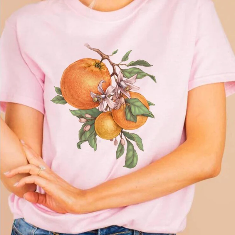 

kuakuayu HJN Orange Flower Print Women's Vintage Fashion T-Shirt Summer Casual Aesthetic Boho Style Botanical Tee Citrus Shirt