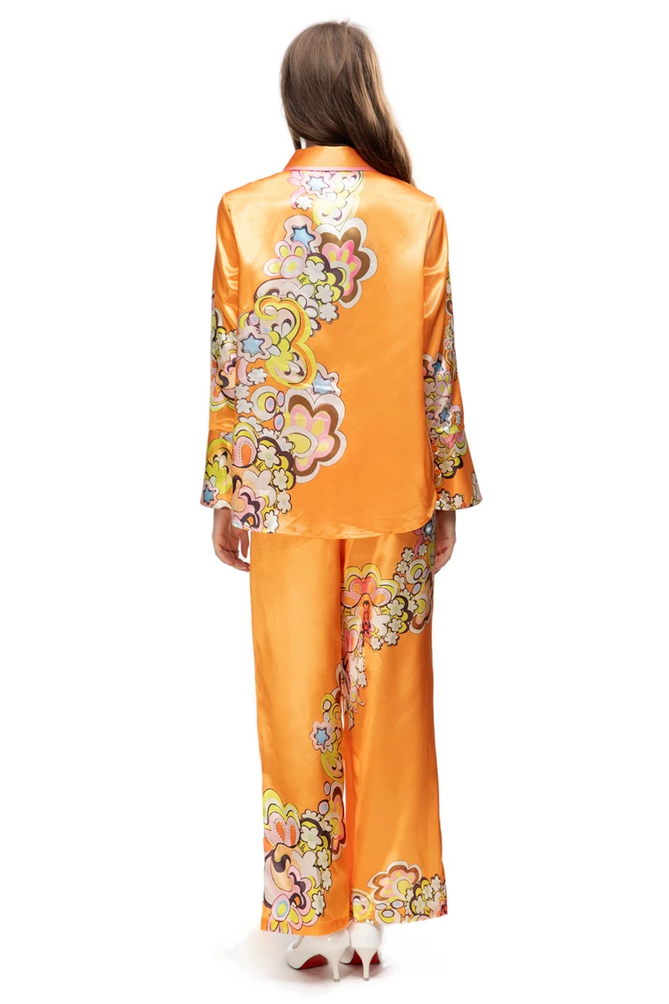 Women's Two Piece Pants Sets Turn Down Collar Long Sleeves Printed Shirt with Elastic Waist Pant Fashion Twinset Sets