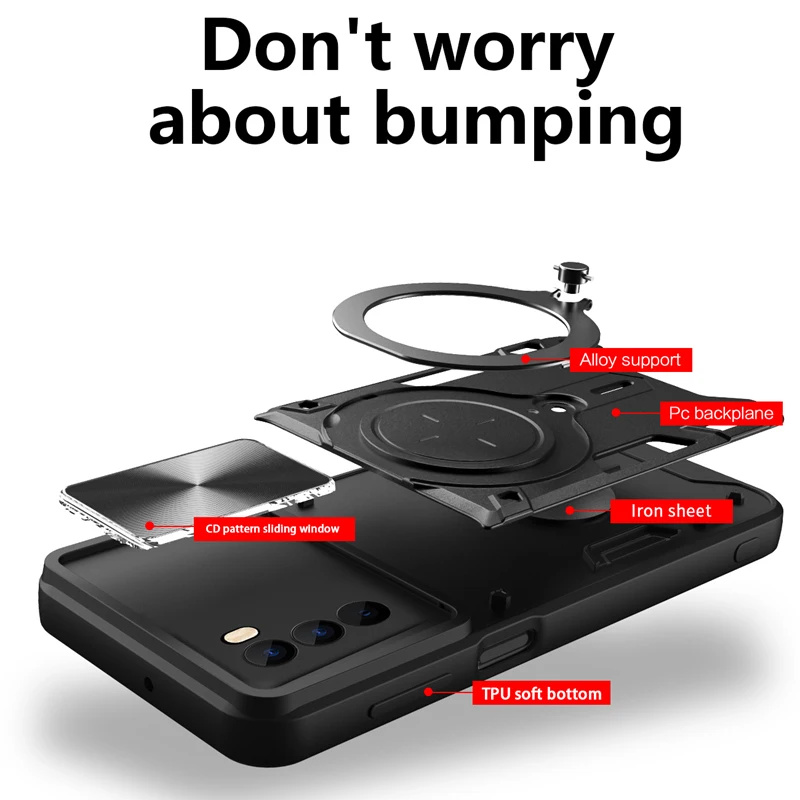 Magnetic Holder Ring Shockproof Armor Phone Case with Slide Camera Cover