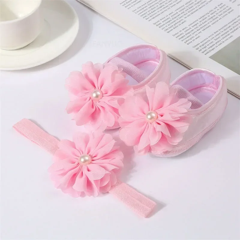 Newborn Girls Baby Shoes Party Pearl Flower Lace Baby Girl Headband Set Non Slip Cute Preschoolers Toddler Infant First Walkers 5