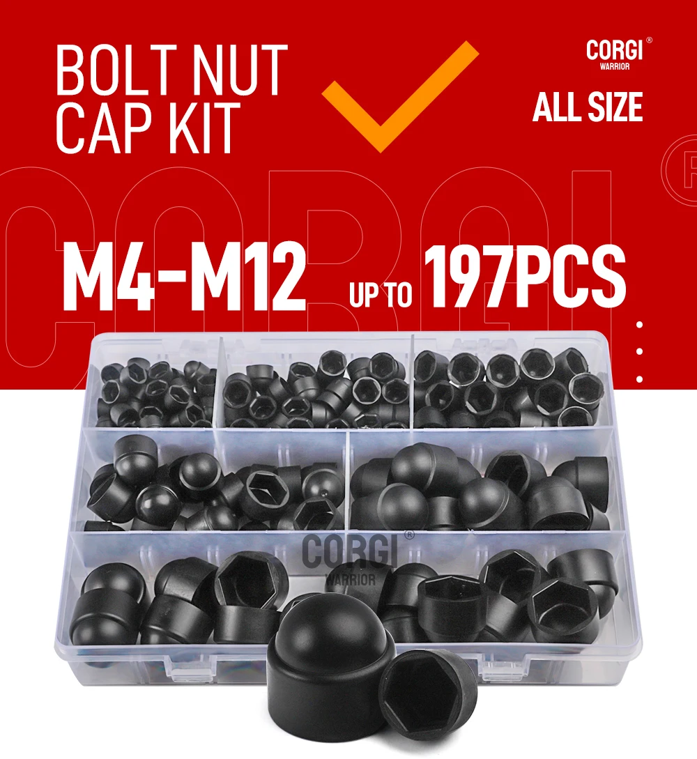 Description Picture 2 of itemM4 M5 M6 M8 M10 M12 Black White Bolt Cover Screw Caps Hex PE Cap Plastic Nut Assortment Kit 150 to 197 Acorn Dome Protection Nut