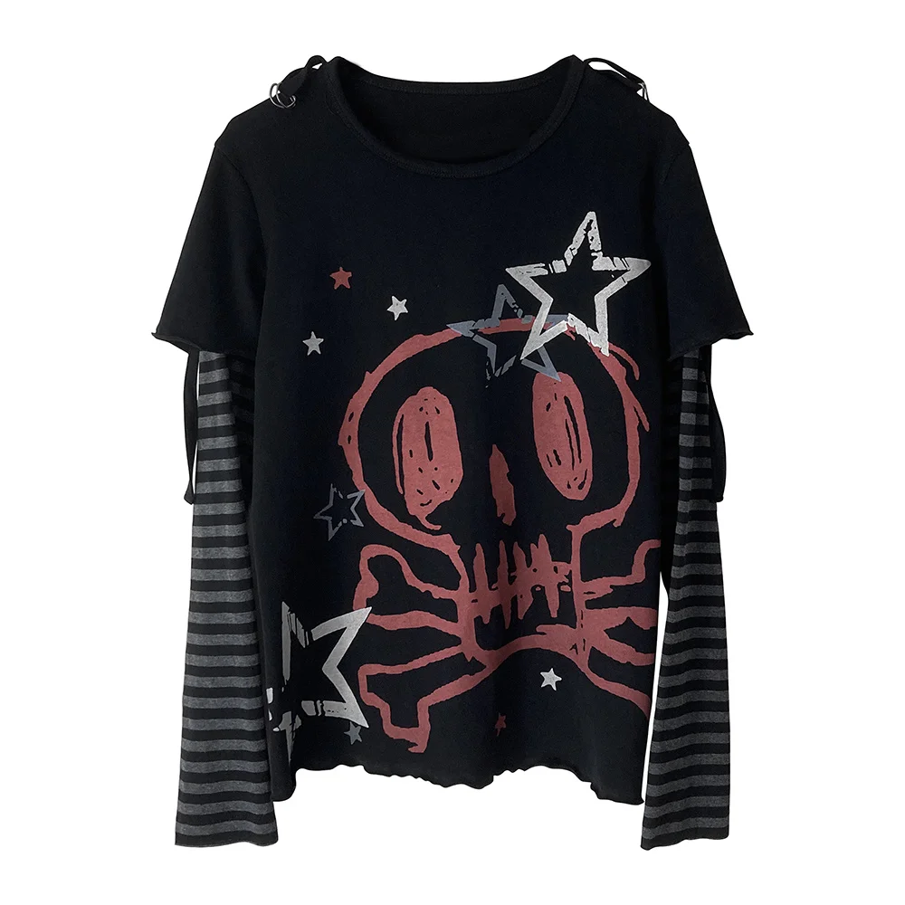 

Fragmented Novel Abipunk Print Long Sleeve Fake Two Piece T-shirt Harajuku Rock Punk Gothic Tshirts Pure Cotton Fit Top Female