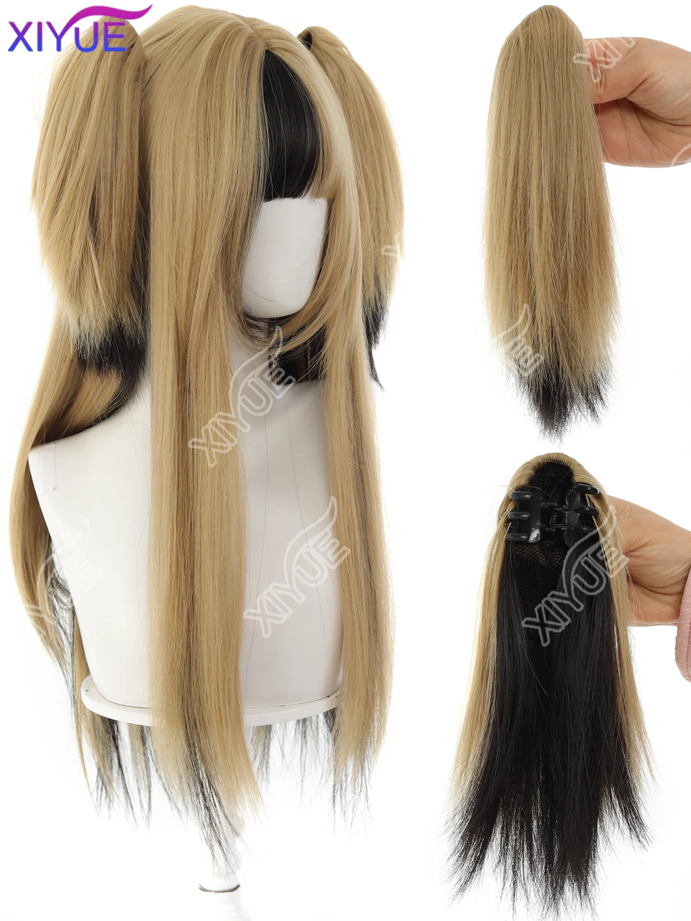 XIYUE for Girl Long Hair Gold Black Highlights A Iche Subculture for Ashion Cosplay A Sweet and Cool Gir Headband Synthetic Wigs