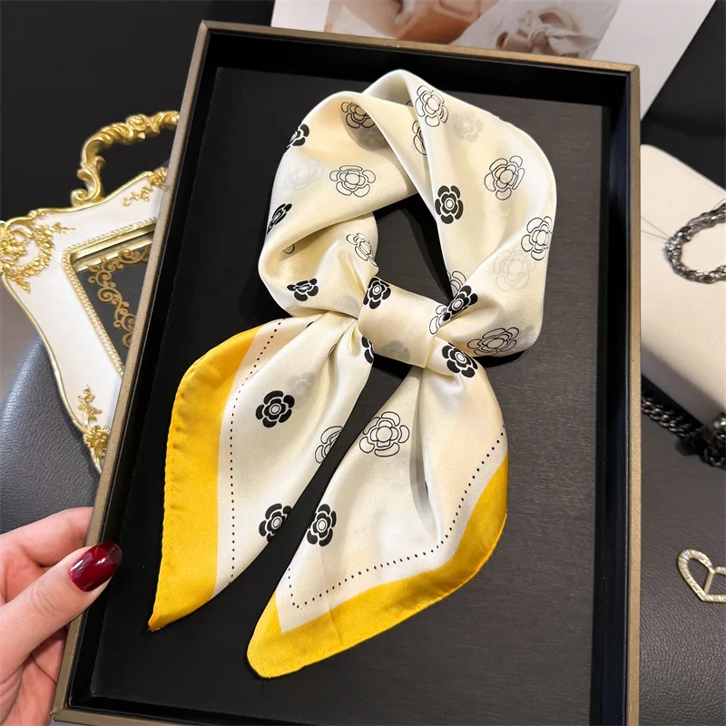 Luxus Marke 2025 Floral Print Platz Silk Schal für Frauen Hijab Haar Bands 70 cm Halstuch Weibliche Satin Schal Band stirnband – Detail 9