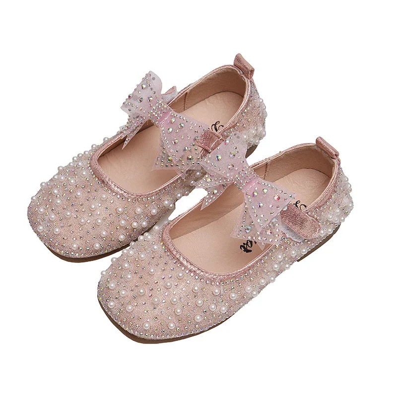 2023 New Girl's Princess Shoes Children's Fashion Bow Rhinestone Sequin Kids Shoe Baby Girls Party Student Flat Leather Shoes 5