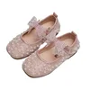 2023 New Girl's Princess Shoes Children's Fashion Bow Rhinestone Sequin Kids Shoe Baby Girls Party Student Flat Leather Shoes 5