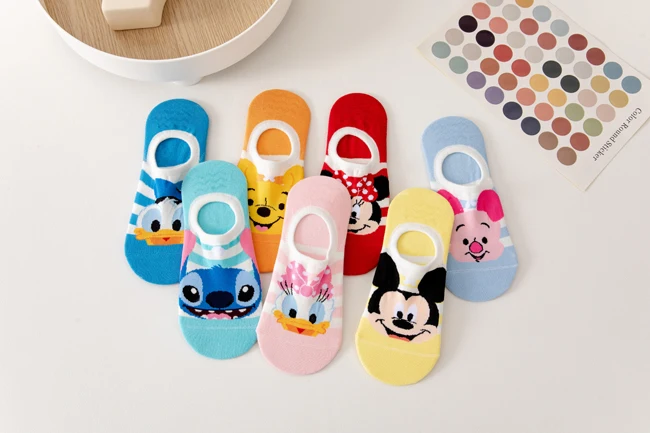 winter socks for women 7 Pairs Disney Women Socks Cartoon Mickey Minnie Winnie Daisy Stitch Summer slipper Socks Non-slip silicone invisible Ankle Sock warm socks for women