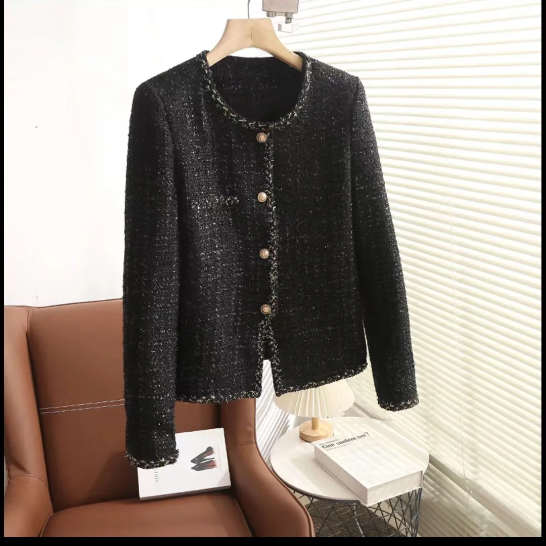 

2023 New Arrival Short Tweed Coat Women O-neck Single-breasted Slim Plaid Tweed Jacket Outwear Womens Fashion Bllack jackets