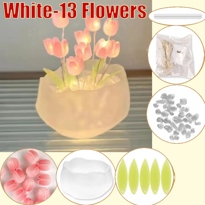 Lámpara de tulipán hecha a mano con simulación de flores para dormitorio, lámpara de mesa para dormir, luz de noche con tulipanes, regalo de cumpleaños