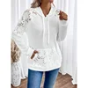 Plus Size Women Solid Loose Lace Hooded Hoodie Fashion Long Sleeve Hook Flower Hollow Pockets Pullover Tops