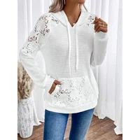 Plus Size Women Solid Loose Lace Hooded Hoodie Fashion Long Sleeve Hook Flower Hollow Pockets Pullover Tops