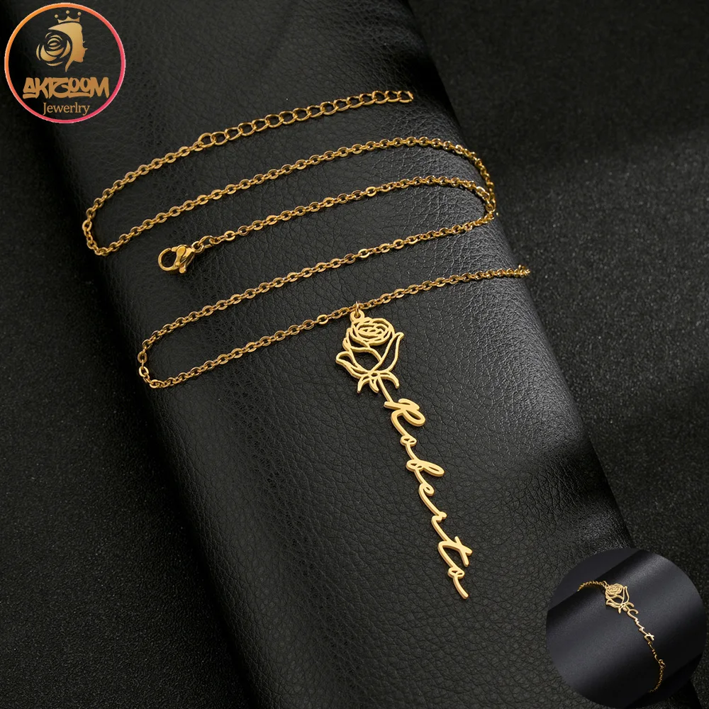 

Akizoom индивидуальное имя ожерелье браслет персонализированный цветок набор ювелирных изделий из нержавеющей стали для женщины влюбленные мамы подарок на день Святого Валентина