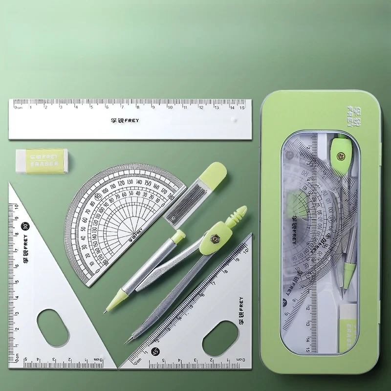Fu Rui iron box for students exam stationery drawing set compass ruler triangle ruler student drawing 7 pieces