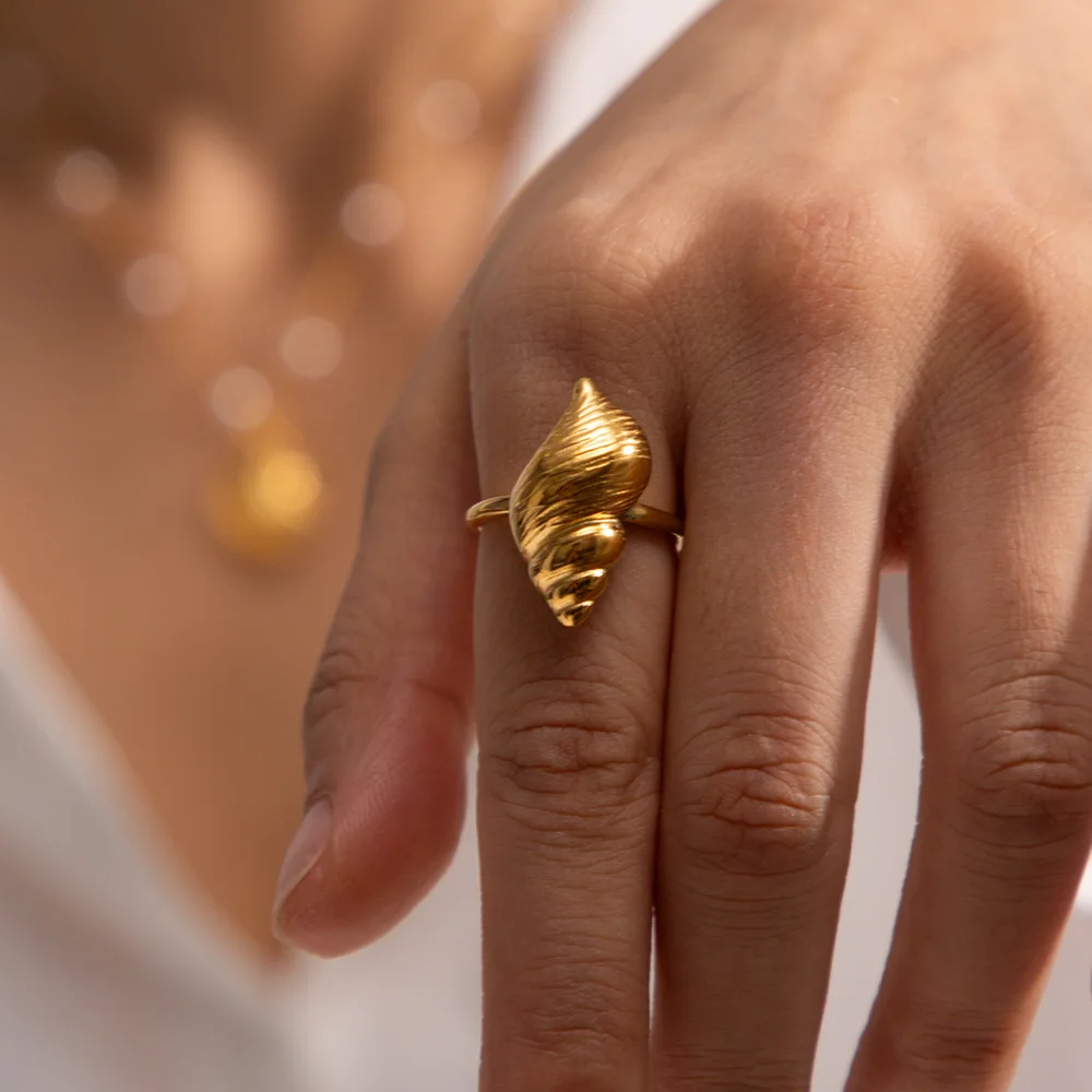

Minar Statement Gold PVD Plated Titanium Steel Metallic Trumpet Shell Big Open Adjustable Charm Rings for Women Accessories