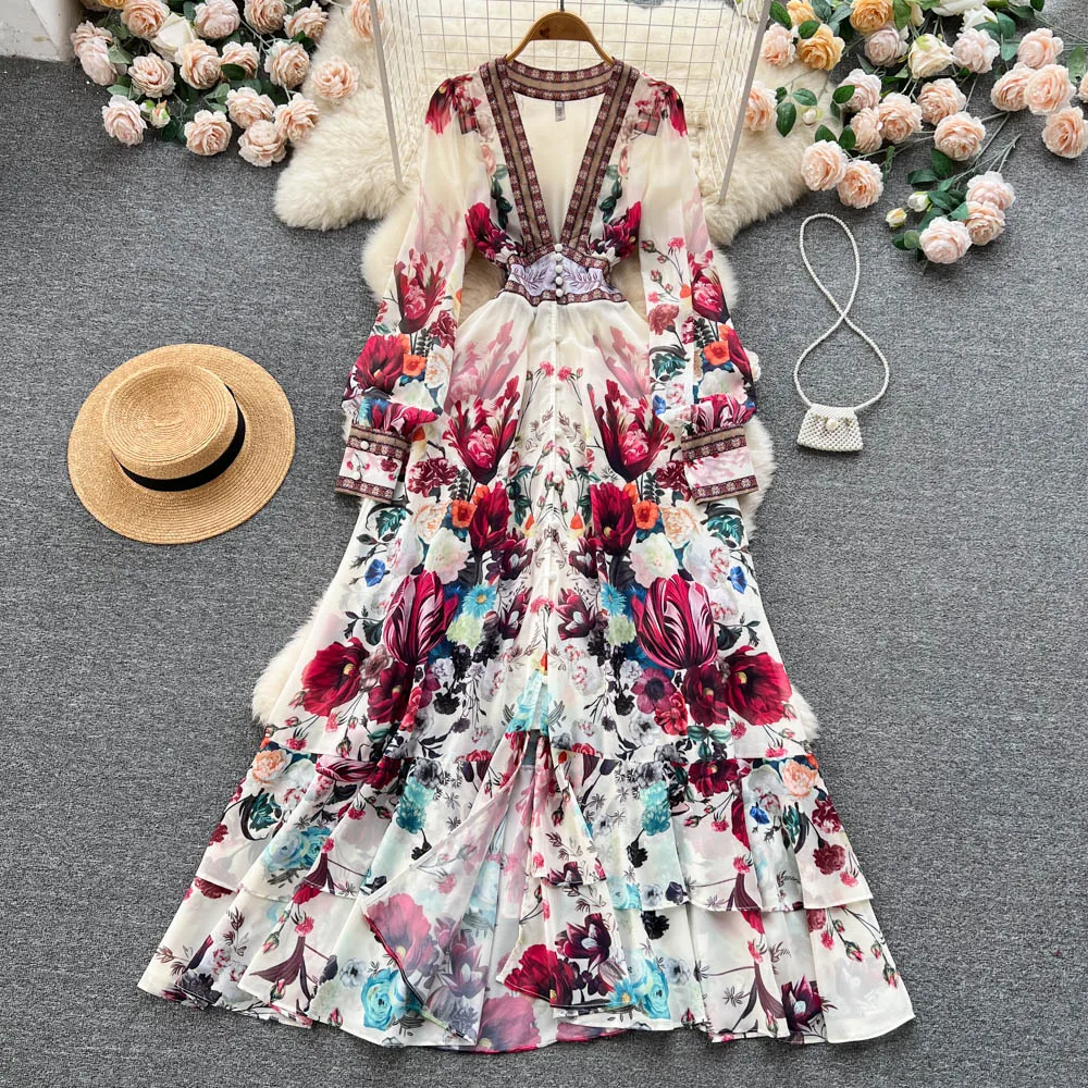 

Women Deep V-Neck Bohemian Style Dress Spring Summer Runway Long Sleeve Casual Floral Print Ruffles Sweet Cascading Vestidos
