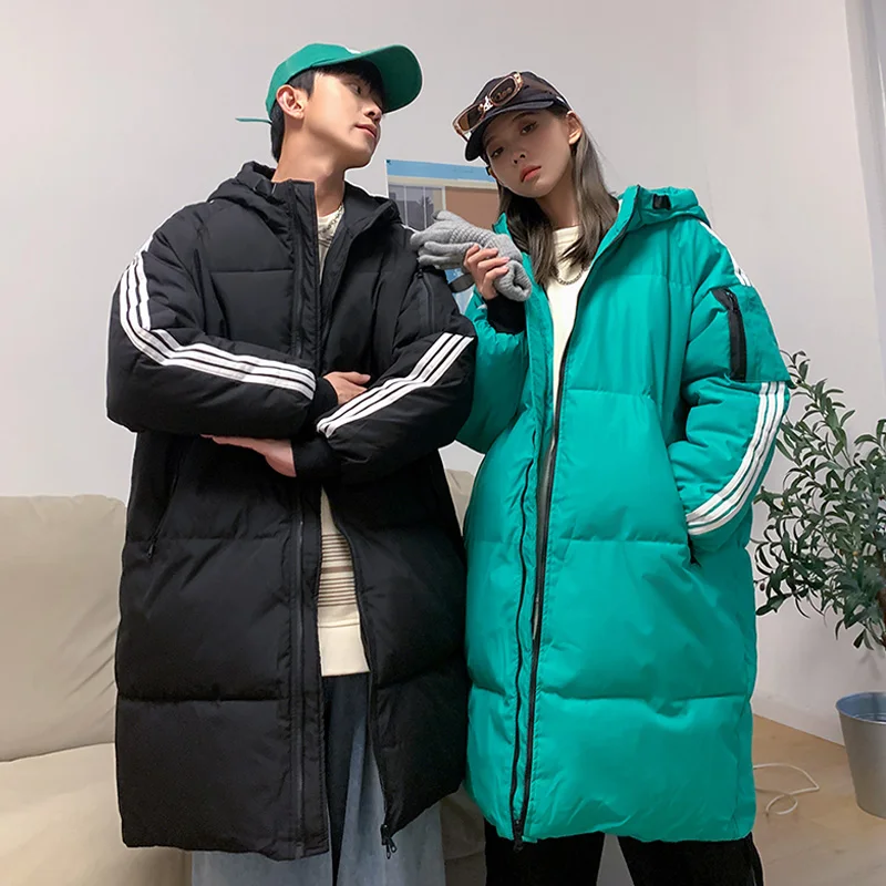 

Women Green Down Clothes Medium And Long Casual Windproof Warm Baggy Hooded Stripe Coat Fashion Puffer Padded Outwear Winter