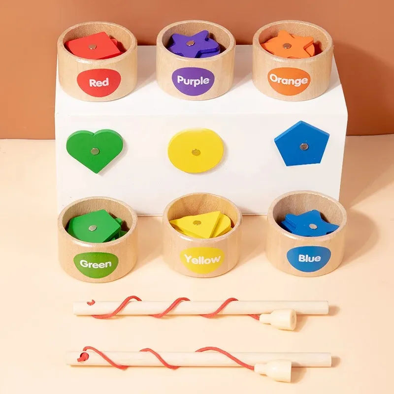 Children's Wooden Magnetic Color Shape Classification Cup Geometric Cognition Fishing Game Early Education Educational Toys 2