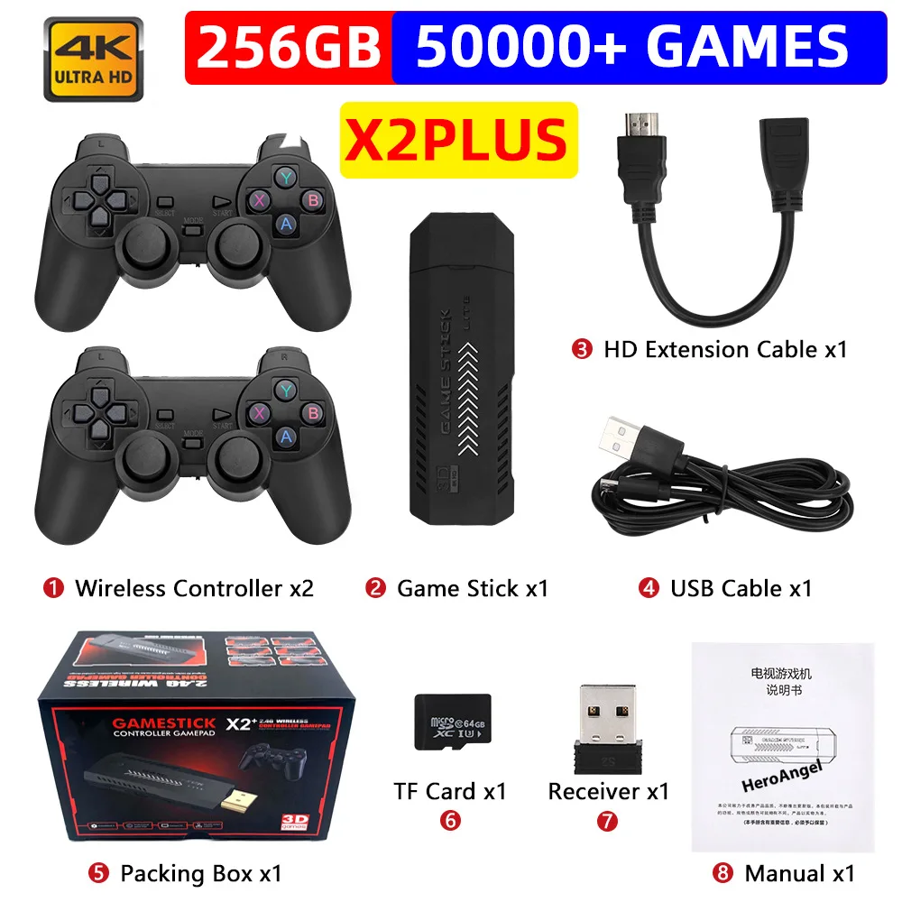 

Ретро игровая консоль X2 Plus 256G 50000 Game GD10 Pro 4K Game Stick 3D HD, беспроводной контроллер, эмулятор ТВ 50 для PS1/N64/DC