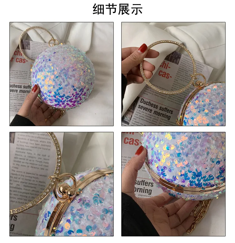 Primavera na Moda Bolsa de Ombro com Cristal Lidar com Festa Lantejoulas Bola Redonda Bolsas Feminina Metal Garras Senhora Bolsa Noite 2 lidar com festa garras senhora bolsa noite